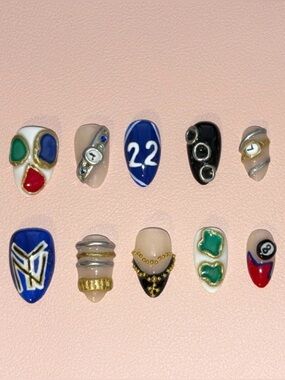 Assorted Decorative Press-On Nail Set with Blue & Neutral Accents